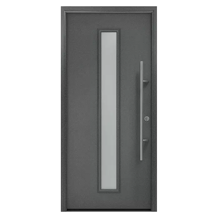 Hörmann EcoStar Haustür ISOPRO Secur IPS 020S - 110 x 210 cm, DIN Anschlag: Rechts, CH 703 Anthrazit Metallic - Graue metallische Eingangstür mit vertikaler Milchglasscheibe und langem silbernem Griff.