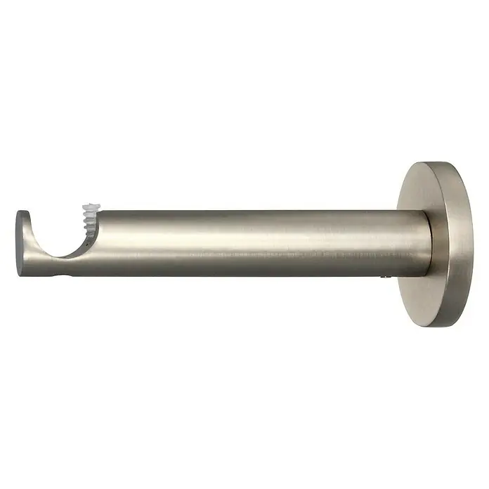 Expo Ambiente Wandträger Function - Edelstahloptik, Geeignet für: Gardinenstangen Ø 20 mm, 131 mm - Nahaufnahme einer Gardinenstange mit Halterung, die eine elegante und funktionale Fensterdekoration zeigt.