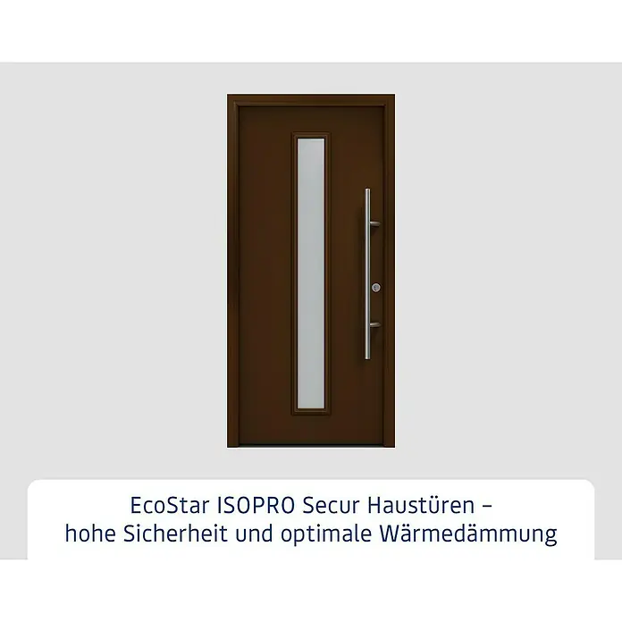 Hörmann EcoStar Haustür ISOPRO Secur IPS 020S - 110 x 210 cm, DIN Anschlag: Rechts, Terrabraun - Eine braune Haustür mit vertikalem Fenster und einem langen, silbernen Griff. Diese Tür bietet Sicherheit und Wärmedämmung.