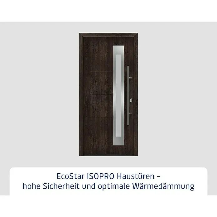 Hörmann EcoStar Haustür ISOPRO IP 780S - 110 x 210 cm, DIN Anschlag: Rechts, Night Oak - Eine moderne EcoStar ISOPRO Haustür in dunklem Holzdesign mit Glaselement und silbernem Griff. Hohe Sicherheit und optimale Wärmedämmung.