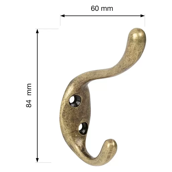 Walteco Garderobenhaken Sentini - L x B x H: 84 x 20 x 60 mm, Anzahl Haken: 2 Stk., Brüniert - Kleiderhaken aus antikem Messing, 84 mm hoch und 60 mm breit, mit zwei Befestigungslöchern.