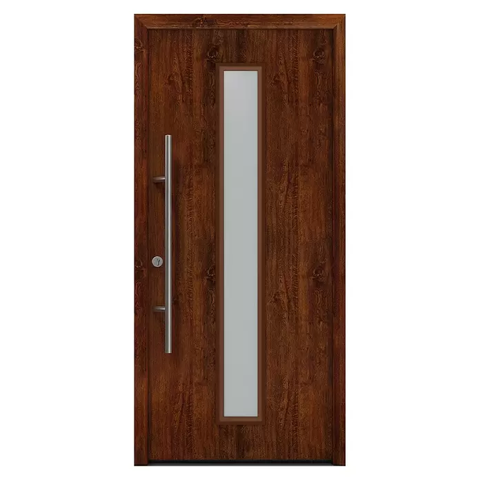 Hörmann EcoStar Haustür ISOPRO Secur IPS 020S - 110 x 210 cm, DIN Anschlag: Links, Dark Oak - Braune Holzeingangstür mit vertikalem Milchglaseinsatz, langem silbernem Stangengriff und Schlüsselloch.