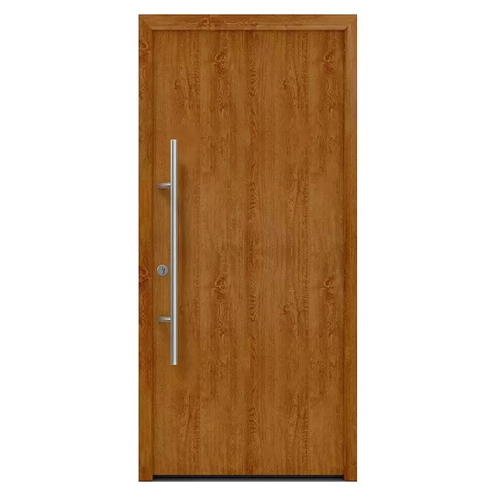 Hörmann EcoStar Haustür ISOPRO Secur IPS 010 - 110 x 210 cm, DIN Anschlag: Links, Golden Oak - Braune Holztür mit vertikalem Silbergriff und Schlüsselloch.