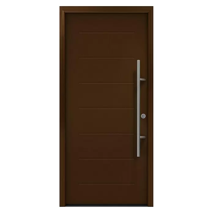 Hörmann EcoStar Haustür ISOPRO Secur IPS 015 - 110 x 210 cm, DIN Anschlag: Rechts, Terrabraun - Moderne dunkelbraune Tür mit horizontalen Rillen und langem silbernem Stangengriff.