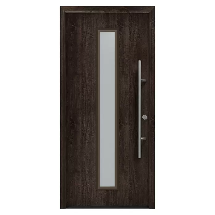 Hörmann EcoStar Haustür ISOPRO Secur IPS 020S - 110 x 210 cm, DIN Anschlag: Rechts, Night Oak - Dunkelbraune Tür in Holzoptik mit vertikalem Milchglasfeld, langem silbernem Stangengriff und Schlüsselloch.