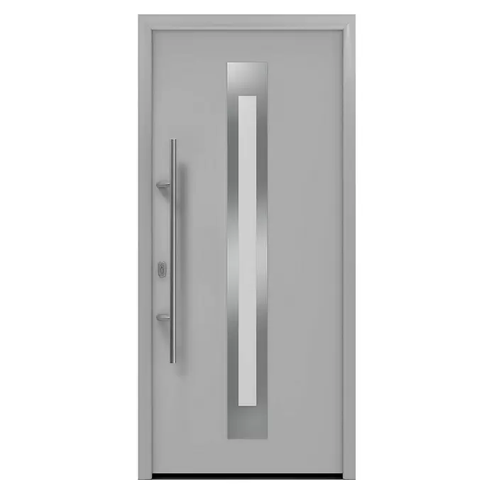 Hörmann EcoStar Haustür ISOPRO IP 770S - 110 x 210 cm, DIN Anschlag: Links, Weißaluminium - Hellgraue moderne Eingangstür mit langem silbernem Stangengriff und mittigem vertikalem Milchglaseinsatz mit silbernem Rahmen.