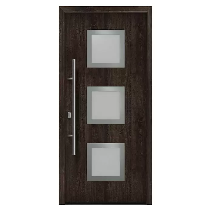 Hörmann EcoStar Haustür ISOPRO IP 810S - 110 x 210 cm, DIN Anschlag: Links, Night Oak - Dunkelbraune Holztür mit drei rechteckigen Milchglasscheiben und langem silbernen Stangengriff.