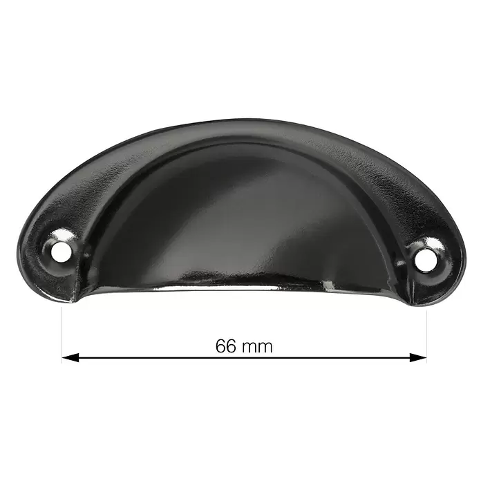 Walteco Möbelgriff Skive - Lochabstand: 66 mm, Sonstige, Zink Schwarz - Glänzender dunkler Metall-Muschelgriff, 66 mm breit, mit zwei Befestigungslöchern.