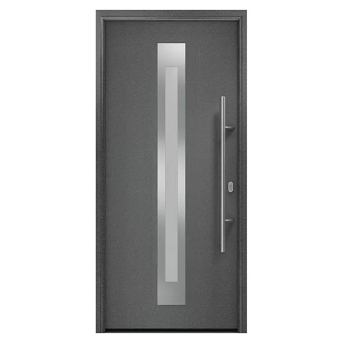 Hörmann EcoStar Haustür ISOPRO IP 770S - 110 x 210 cm, DIN Anschlag: Rechts, CH 703 Anthrazit Metallic - Moderne anthrazitfarbene Eingangstür mit vertikalem Milchglaseinsatz und langem silbernen Stangengriff.