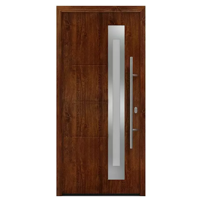 Hörmann EcoStar Haustür ISOPRO IP 780S - 110 x 210 cm, DIN Anschlag: Rechts, Dark Oak - Braune Holztür mit vertikaler silberner Platte und langem silbernen Griff.