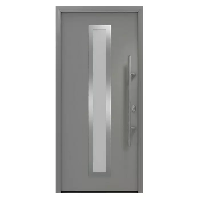 Hörmann EcoStar Haustür ISOPRO IP 700S - 110 x 210 cm, DIN Anschlag: Rechts, Graualuminium - Moderne graue Tür mit langem rechteckigem Glaseinsatz in Edelstahlrahmen und vertikalem Edelstahl-Stangengriff.