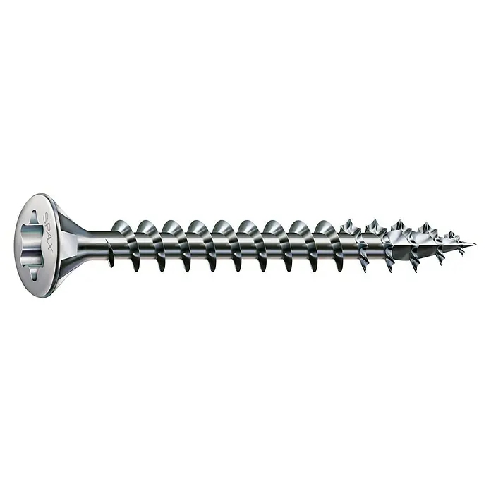 Spax Linsenkopfschraube T-STAR plus - Ø x L: 4 x 40 mm, Vermessingt, 120 Stk., Vollgewinde - Bild einer Spax-Holzschraube. Diese Schraube ist aus Stahl gefertigt und hat einen Senkkopf mit einem Kreuzschlitz. Ideal für Holzverbindungen.