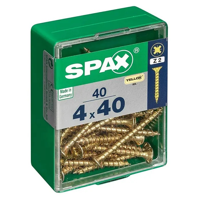 Spax Universalschraube - 4 x 40 mm, Vollgewinde, 40 Stk. - Eine Packung goldfarbener SPAX Universalschrauben 4,0 x 40 mm, ideal für diverse Holzkonstruktionen und Heimwerkerprojekte.