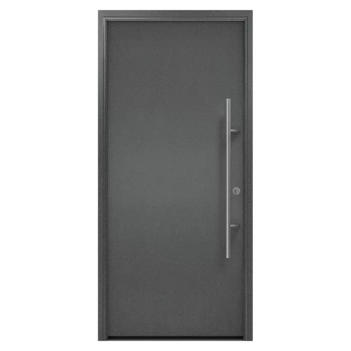 Hörmann EcoStar Haustür ISOPRO Secur IPS 010 - 110 x 210 cm, DIN Anschlag: Rechts, CH 703 Anthrazit Metallic - Dunkelgraue, texturierte moderne Eingangstür mit vertikalem silbernem Stangengriff und Schlüsselloch.