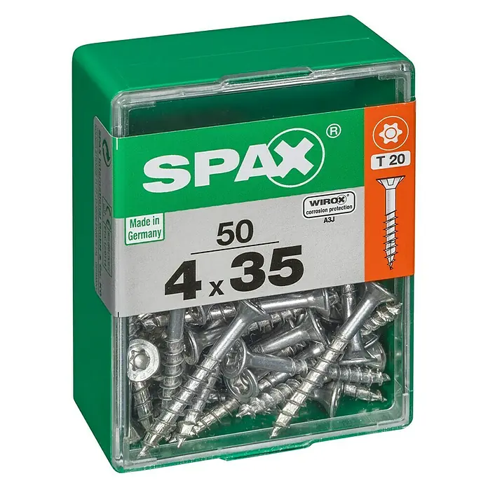 Spax Universalschraube T-Star plusØ x L: 4 x 35 mm, WIROX Oberfläche, T-Star plus, 50 Stk. - Eine grüne Spax Schraubenbox gefüllt mit 50 Stk. 4x35 Schrauben, ideal für verschiedene Holzbearbeitungsprojekte, mit WIROX Korrosionsschutz.