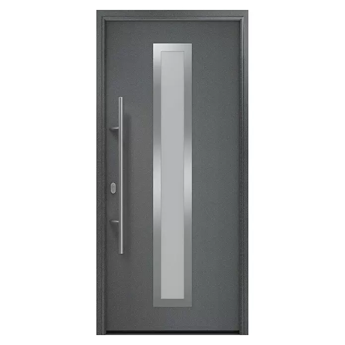 Hörmann EcoStar Haustür ISOPRO IP 700S - 110 x 210 cm, DIN Anschlag: Links, CH 703 Anthrazit Metallic - Moderne dunkelgraue Eingangstür mit vertikalem Milchglaseinsatz, silbernem Rahmen und langem Stangengriff.