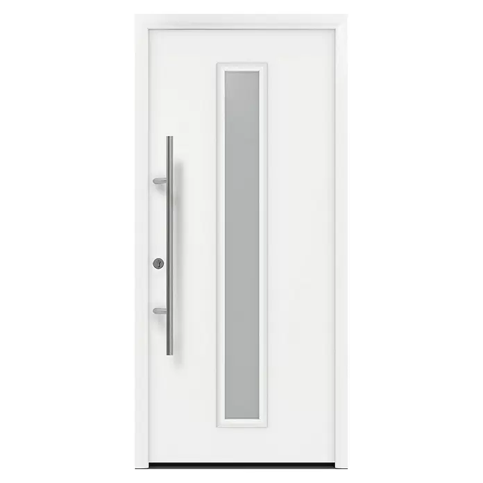 Hörmann EcoStar Haustür ISOPRO Secur IPS 020S - 110 x 210 cm, DIN Anschlag: Links, Verkehrsweiß - Weiße moderne Eingangstür mit langem silbernem Stangengriff und vertikaler Milchglasscheibe.