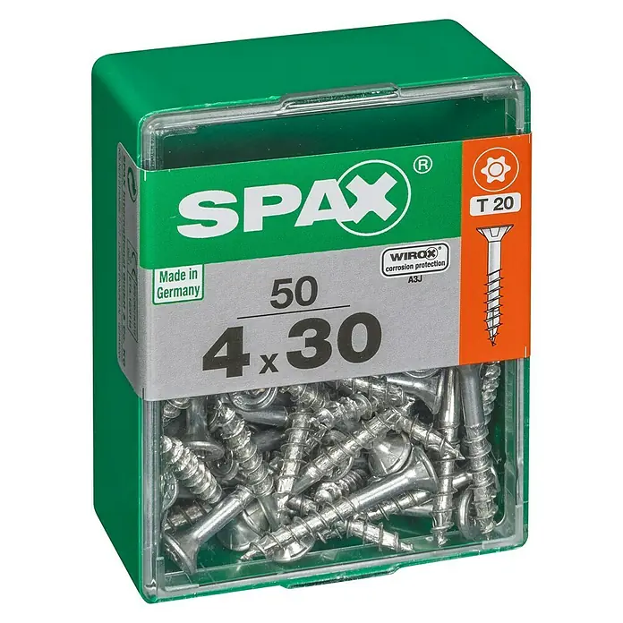 Spax T-Star plus Universalschraube T-Star plus - Ø x L: 4 x 30 mm, WIROX Oberfläche, T-Star plus, 50 Stk. - Packung Spax Schrauben 4x30 mm mit Senkkopf, Torx Antrieb und Teilgewinde im grünen Kunststoffbehälter. Ideal für Holzverbindungen.