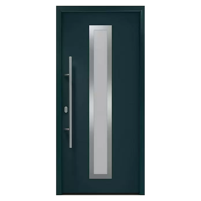 Hörmann EcoStar Haustür ISOPRO IP 700S - 110 x 210 cm, DIN Anschlag: Links, Anthrazitgrau - Moderne dunkelblaue Eingangstür mit vertikaler Milchglasscheibe und langem silbernem Stangengriff.