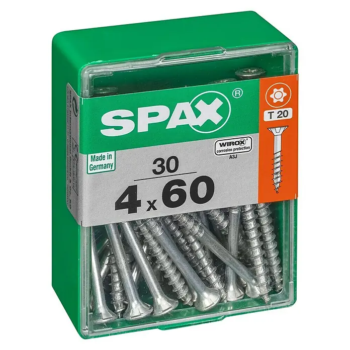Spax T-Star plus Universalschraube T-Star plus - Ø x L: 4 x 60 mm, WIROX Oberfläche, T-Star plus, 30 Stk. - Eine Packung SPAX Schrauben 4 x 60 mm, ideal für Holzverbindungen. Die Schrauben sind im praktischen, transparenten Behälter verpackt.