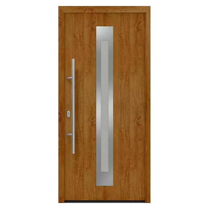 Hörmann EcoStar Haustür ISOPRO IP 770S - 110 x 210 cm, DIN Anschlag: Links, Golden Oak - Moderne braune Holztür mit vertikaler silberner Akzentplatte und langem silbernem Stangengriff.