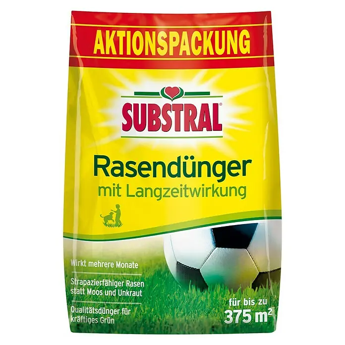 Substral Rasendünger - 7,5 kg, Max. Anwendungsfläche: 375 m² - Abbildung eines Substral Rasendüngers mit Langzeitwirkung. Ideal für einen strapazierfähigen, moosfreien Rasen. Reicht für bis zu 375 m².