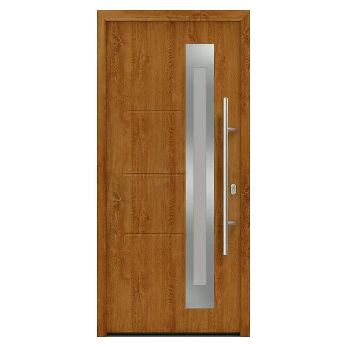 Hörmann EcoStar Haustür ISOPRO IP 780S - 110 x 210 cm, DIN Anschlag: Rechts, Golden Oak - Moderne Haustür in Gold-Holzoptik mit vertikalem Silberstreifen, Milchglas und langem Stangengriff.