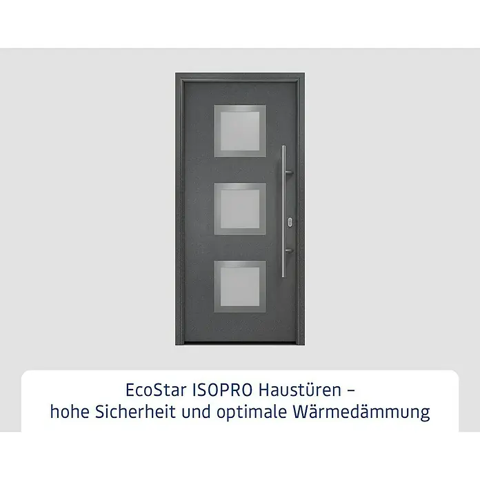 Hörmann EcoStar Haustür ISOPRO IP 810S - 110 x 210 cm, DIN Anschlag: Rechts, CH 703 Anthrazit Metallic - Ein anthrazitfarbene EcoStar ISOPRO Haustür mit drei quadratischen Fenstern und einem langen, vertikalen Griff.