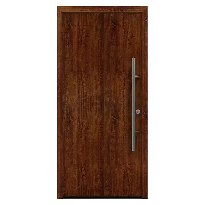 Hörmann EcoStar Haustür ISOPRO Secur IPS 010 - 110 x 210 cm, DIN Anschlag: Rechts, Dark Oak - Braune Holztür mit langem silbernem Stangengriff und Schlüsselloch.