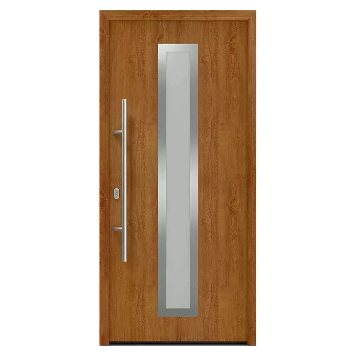 Hörmann EcoStar Haustür ISOPRO IP 700S - 110 x 210 cm, DIN Anschlag: Links, Golden Oak - Moderne Holzeingangstür in Hellbraun, mit vertikaler Milchglasplatte im Silberrahmen und langem gebürsteten Metallgriff.