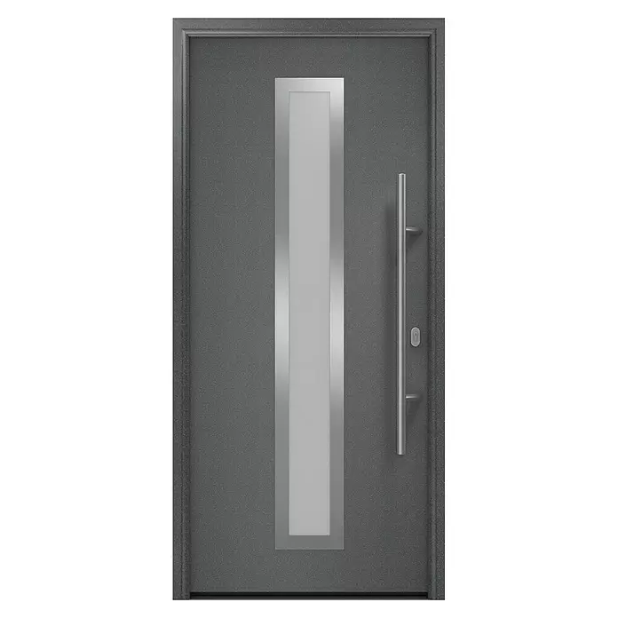 Hörmann EcoStar Haustür ISOPRO IP 700S - 110 x 210 cm, DIN Anschlag: Rechts, CH 703 Anthrazit Metallic - Anthrazitgraue moderne Haustür mit vertikaler Milchglasscheibe und langem silbernem Stoßgriff.