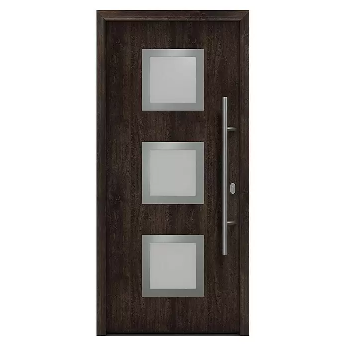 Hörmann EcoStar Haustür ISOPRO IP 810S - 110 x 210 cm, DIN Anschlag: Rechts, Night Oak - Dunkelbraune Holztür mit drei rechteckigen Milchglasscheiben und langem silbernen Stangengriff.