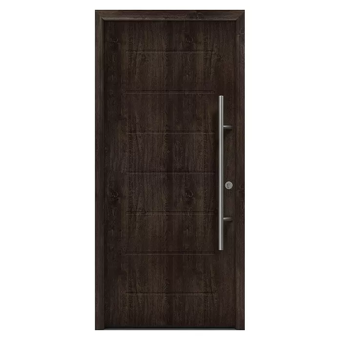Hörmann EcoStar Haustür ISOPRO Secur IPS 015 - 110 x 210 cm, DIN Anschlag: Rechts, Night Oak - Dunkelbraune Holztür mit horizontalen Rillen, langem silbernen Stangengriff und Schlüsselloch.