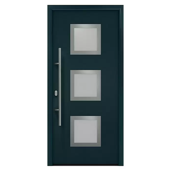 Hörmann EcoStar Haustür ISOPRO IP 810S - 110 x 210 cm, DIN Anschlag: Links, Anthrazitgrau - Dunkelblaue moderne Tür mit langem silbernen Stangengriff, Schlüsselloch und drei rechteckigen Fenstern mit silbernen Rahmen.