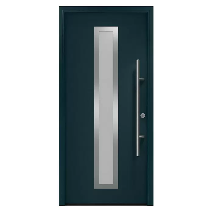 Hörmann EcoStar Haustür ISOPRO Secur IPS 700S - 110 x 210 cm, DIN Anschlag: Rechts, Anthrazitgrau - Moderne dunkelpetrolfarbene Tür mit vertikalem Milchglaspanel in gebürstetem Metallrahmen und langem gebürstetem Metallgriff.