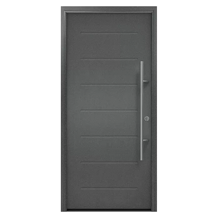 Hörmann EcoStar Haustür ISOPRO Secur IPS 015 - 110 x 210 cm, DIN Anschlag: Rechts, CH 703 Anthrazit Metallic - Moderne graue Tür mit horizontalen Rillen, langem vertikalen Griff und Schlüsselloch.