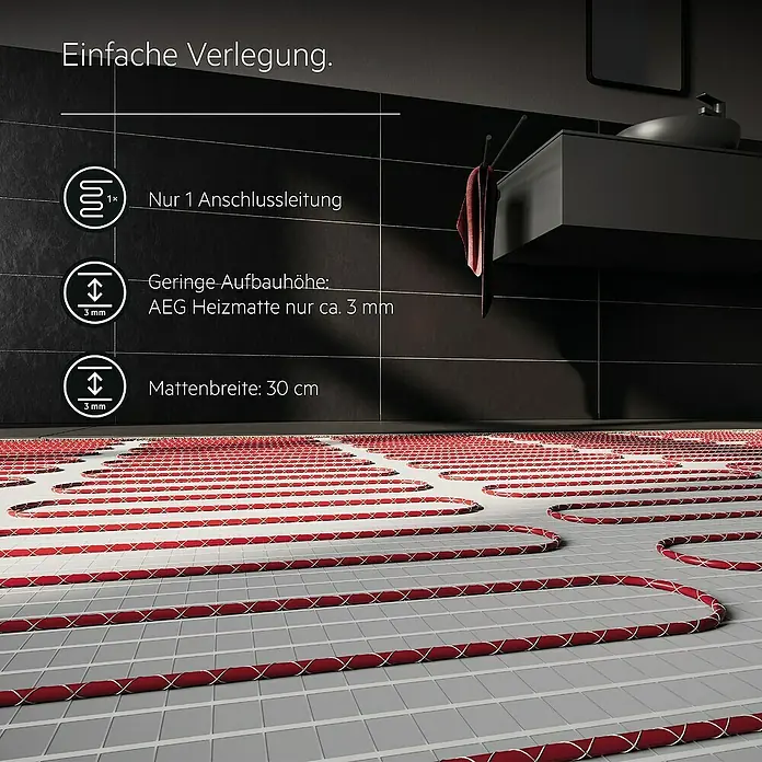 AEG Fußbodenheizung TBS TC 200/2 SET PLUS - 670 x 30 cm, Beheizbare Fläche: 2 m², 400 W - Bild einer AEG Heizmatte, die mit geringer Aufbauhöhe und einfacher Verlegung für angenehme Wärme sorgt.