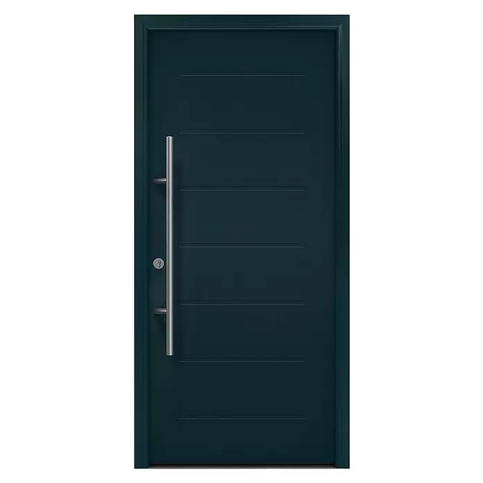 Hörmann EcoStar Haustür ISOPRO Secur IPS 015 - 110 x 210 cm, DIN Anschlag: Links, Anthrazitgrau - Moderne dunkelgrüne Tür mit langem vertikalem Silbergriff und horizontalen Zierrillen.