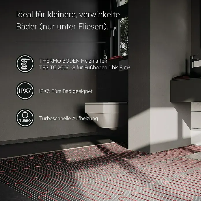 AEG Fußbodenheizung TBS TC 200/2 SET PLUS - 670 x 30 cm, Beheizbare Fläche: 2 m², 400 W - Fußbodenheizung im Badezimmer. Ideal für verwinkelte Bäder, passend für 1 bis 8 m² große Flächen. Die Matten sind für das Bad geeignet und heizen schnell auf.