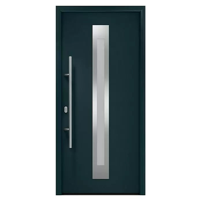 Hörmann EcoStar Haustür ISOPRO IP 770S - 110 x 210 cm, DIN Anschlag: Links, Anthrazitgrau - Moderne dunkelblaue Eingangstür mit vertikalem silbernem Griff und Zierleiste.