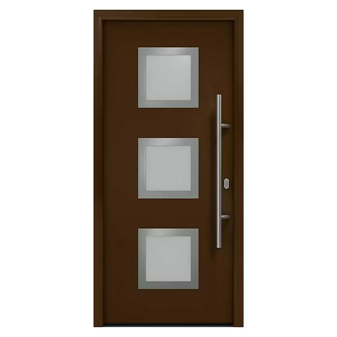 Hörmann EcoStar Haustür ISOPRO IP 810S - 110 x 210 cm, DIN Anschlag: Rechts, Terrabraun - Braune Tür mit drei rechteckigen Milchglasscheiben und vertikalem Edelstahl-Stangengriff.