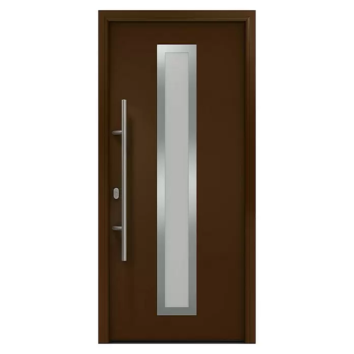 Hörmann EcoStar Haustür ISOPRO IP 700S - 110 x 210 cm, DIN Anschlag: Links, Terrabraun - Moderne braune Tür mit silbernem Griff und langem rechteckigem Milchglasfenster.