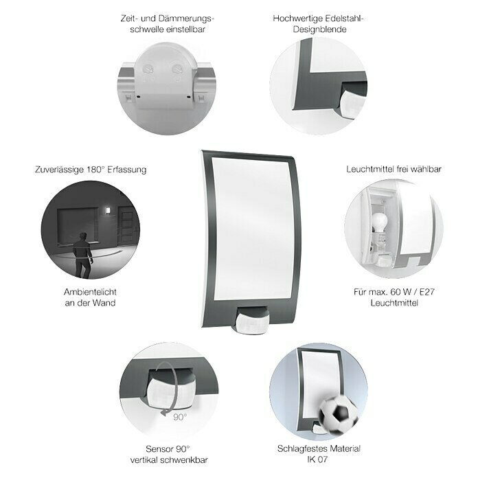 Steinel Sensor-Außenwandleuchte L 22 S ANT60 W, 28,6 x 16,2 x 8,9 cm, Anthrazit, IP44 Front View