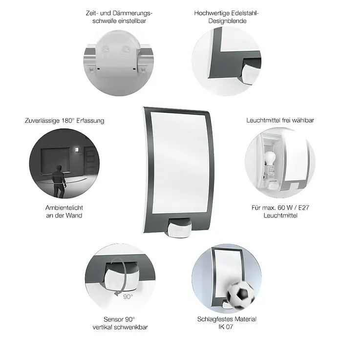 Steinel Sensor-Außenleuchte L 22 S anthrazit - 60 W, 28,6 x 16,2 x 8,9 cm, Anthrazit, IP44 - Produktansicht einer modernen Außenleuchte mit Bewegungsmelder und verschiedenen Einstellmöglichkeiten.
