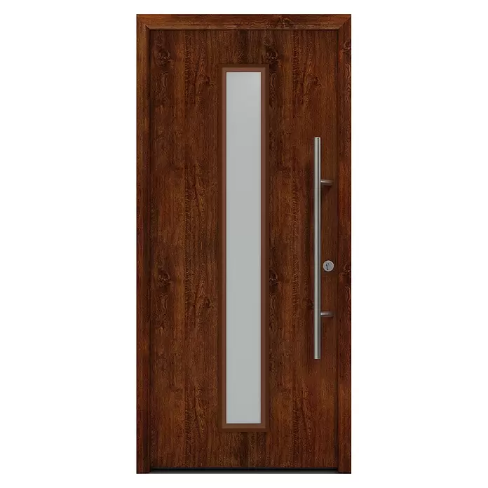 Hörmann EcoStar Haustür ISOPRO Secur IPS 020S - 110 x 210 cm, DIN Anschlag: Rechts, Dark Oak - Braune Holztür mit vertikaler Milchglasscheibe, langem Silbergriff und Schlüsselloch.