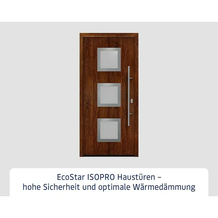 Hörmann EcoStar Haustür ISOPRO IP 810S - 110 x 210 cm, DIN Anschlag: Rechts, Dark Oak - EcoStar ISOPRO Haustür mit drei quadratischen Glaseinsätzen und einem langen, silbernen Griff. Hohe Sicherheit und Wärmedämmung.