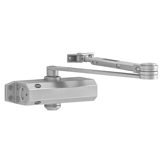 Yale Cerrador de puertas hidráulico 3000 con retenedor - Plateado, Apto para: Puertas de acceso - Cierrapuertas Yale plateado. Este cierrapuertas cuenta con un brazo de cierre ajustable para una personalización óptima.