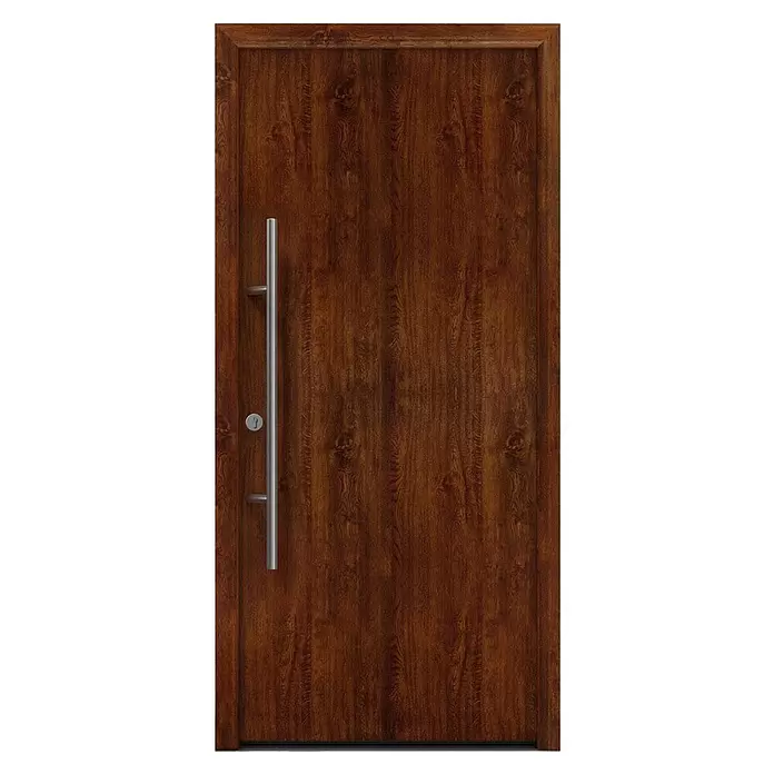 Hörmann EcoStar Haustür ISOPRO Secur IPS 010 - 110 x 210 cm, DIN Anschlag: Links, Dark Oak - Braune Holztür mit modernem silbernem Stangengriff und rundem Schlüsselloch.