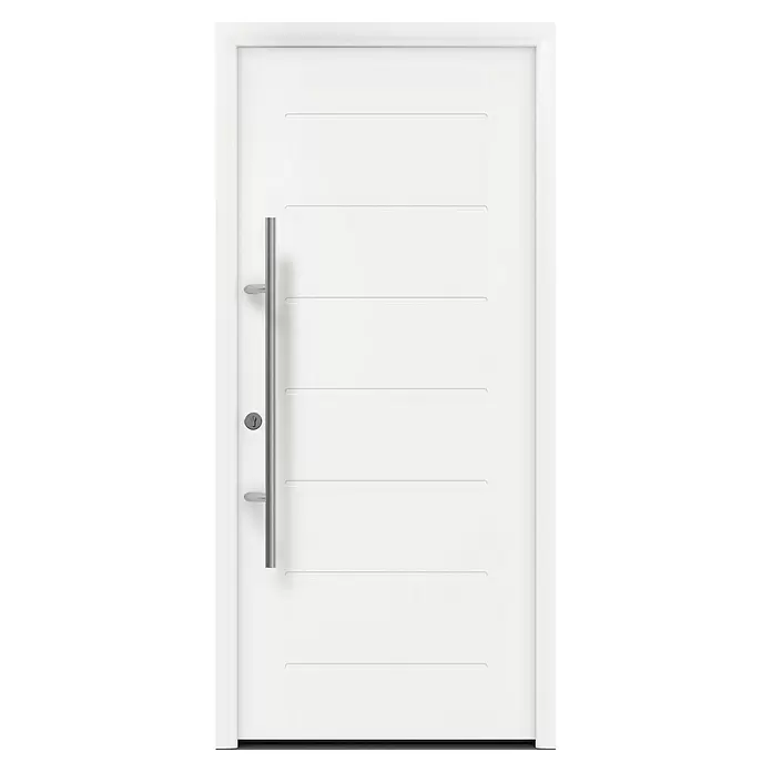 Hörmann EcoStar Haustür ISOPRO Secur IPS 015 - 110 x 210 cm, DIN Anschlag: Links, Verkehrsweiß - Moderne weiße Tür mit horizontalen Nuten, langem Griff aus gebürstetem Metall und Schlüsselloch.