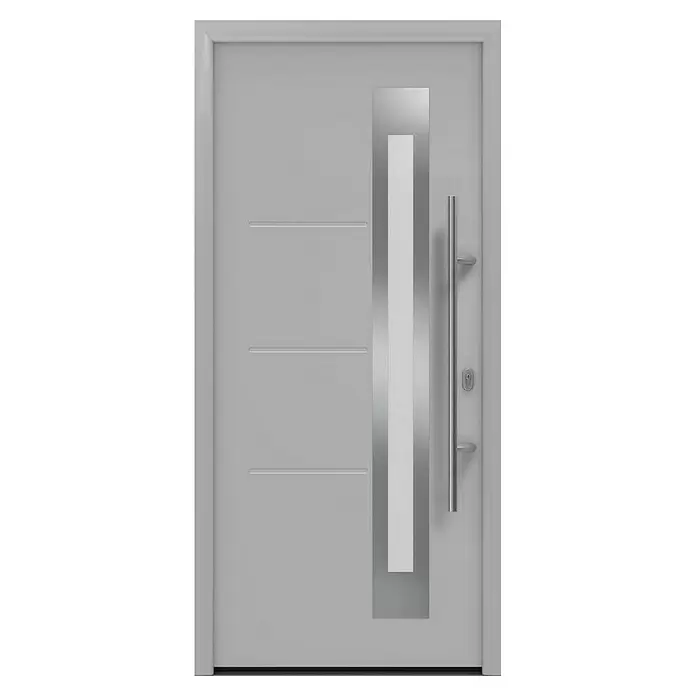 Hörmann EcoStar Haustür ISOPRO IP 780S - 110 x 210 cm, DIN Anschlag: Rechts, Weißaluminium - Helle graue moderne Haustür mit drei horizontalen Rillen, Milchglasstreifen und gebürstetem Metallstangengriff.